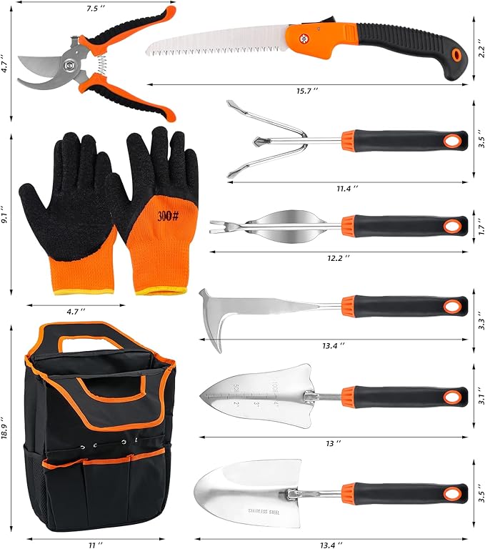 Garden Tool Sets with Organizer, 9 Piece Stainless Steel Heavy Duty Gardening Tool Kit Including Hand Saw, Hand Trowel, Hand Rake, Transplanter, Weeder, Crack Weeder, Pruner, Gloves, Storage Bag