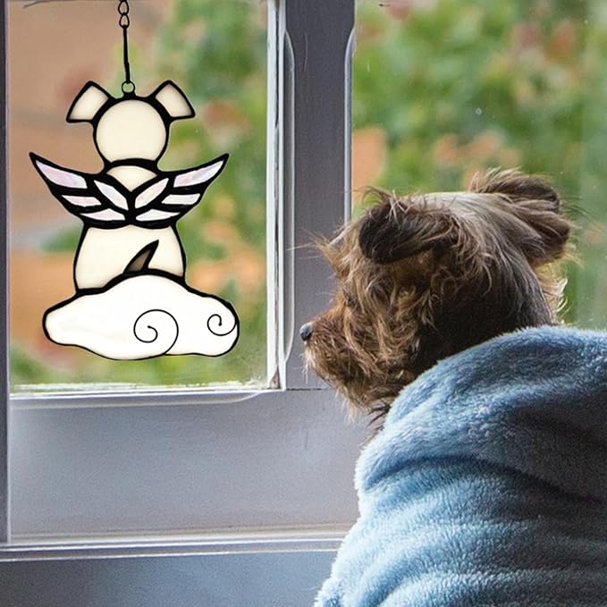 Stained Glass Angel Wings Dog Memorial Gifts for Loss of Dog Sympathy Gift Suncatcher, Rainbow Bridge Pet Passing Away Remembrance in Memory, Dog Bereavement Gifts for Loss of Pet,White