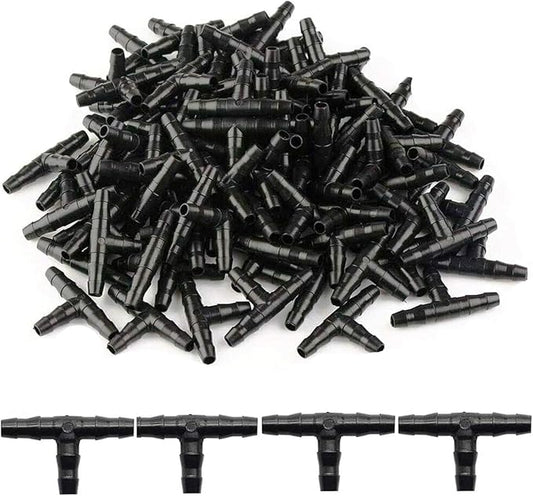 100pcs 1/4" Universal Barbed Tee Fittings, Kalolary Barbed Connectors Drip Irrigation for 1/4 Inch Water Hose Connectors 4mm/7mm Water Tube Drip Irrigation Watering System