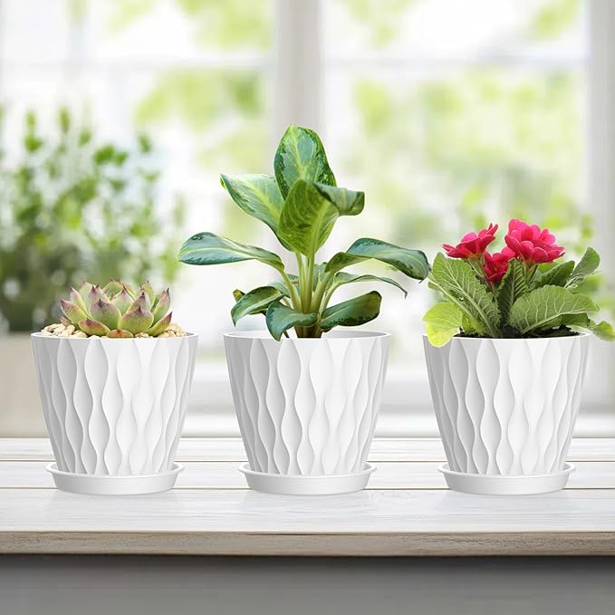 6 Pack 4 Inch Small Plant Pots with Saucers, 3D Textured Plastic Planters with Drainage Holes for Indoor and Outdoor Plants, Flowers, Herbs, Succulents, and Seedlings, White