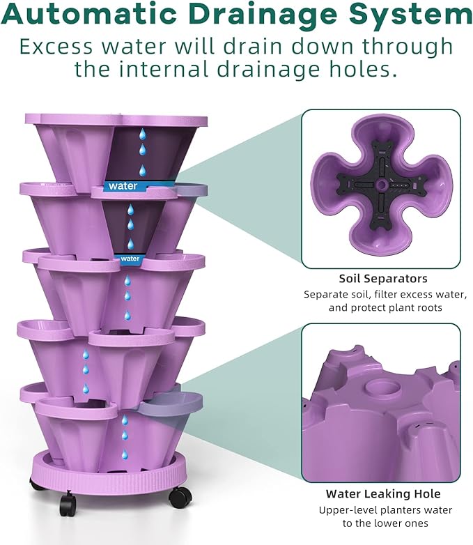 Strawberry Vertical Planter GardenTower, 5 Tiered Stackable Planter with Support Pole, Stacking Herb Vegetable Planters Indoor and Outdoor - Purple
