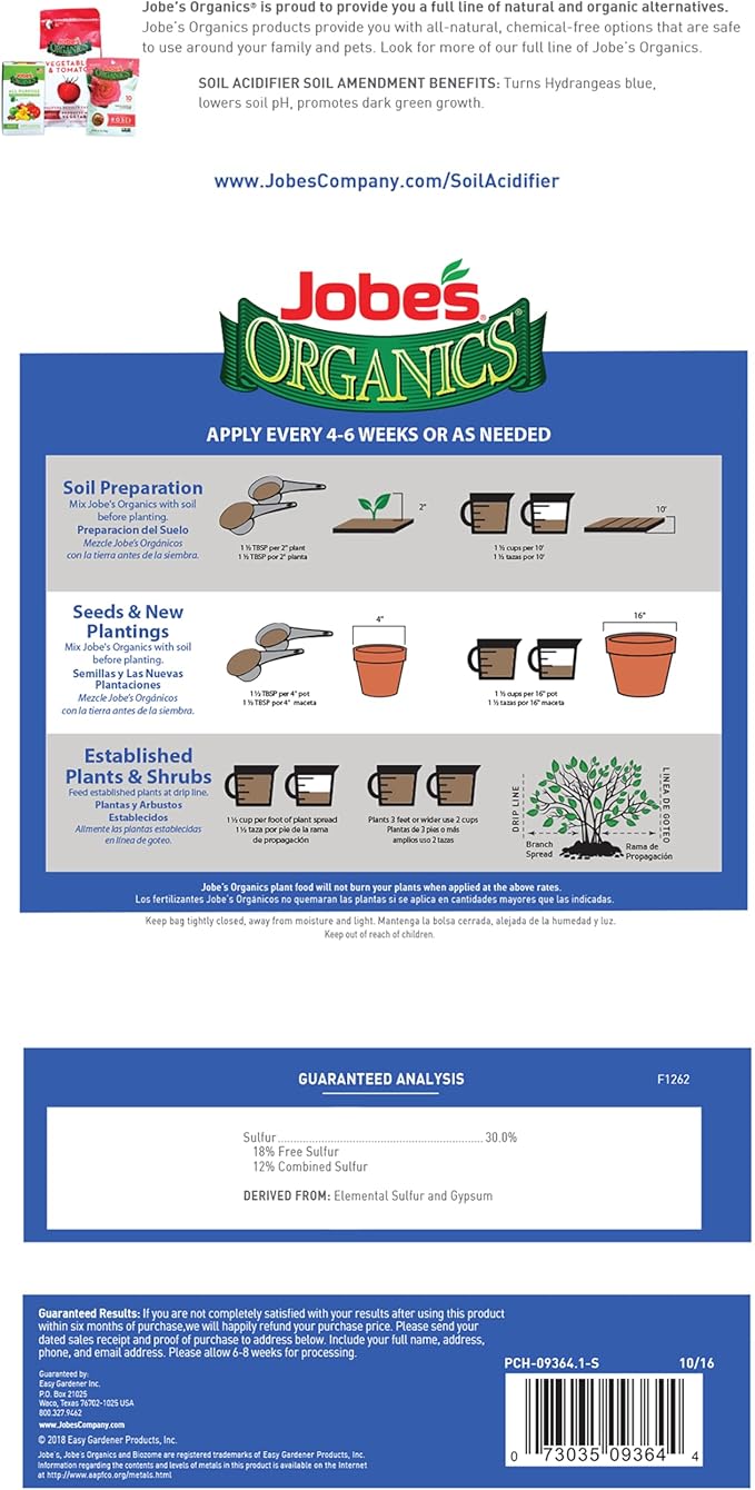 Jobe's Organics Granular Soil Amendment, Organic Soil Acidifier for Blueberry and Hydrangea Plants, 6 lbs Bag