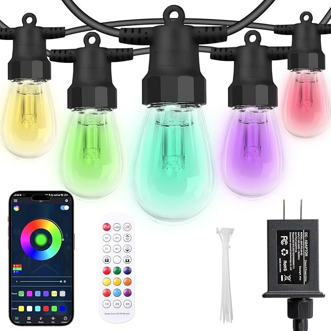 Outdoor String Lights 50FT, Outdoor Lights for Patio with 20 Dimmable RGBW LED Bulbs, IP66 Waterproof Shatterproof, with APP Control & Remote, 24V Adapter Color Change,for Backyard Decor
