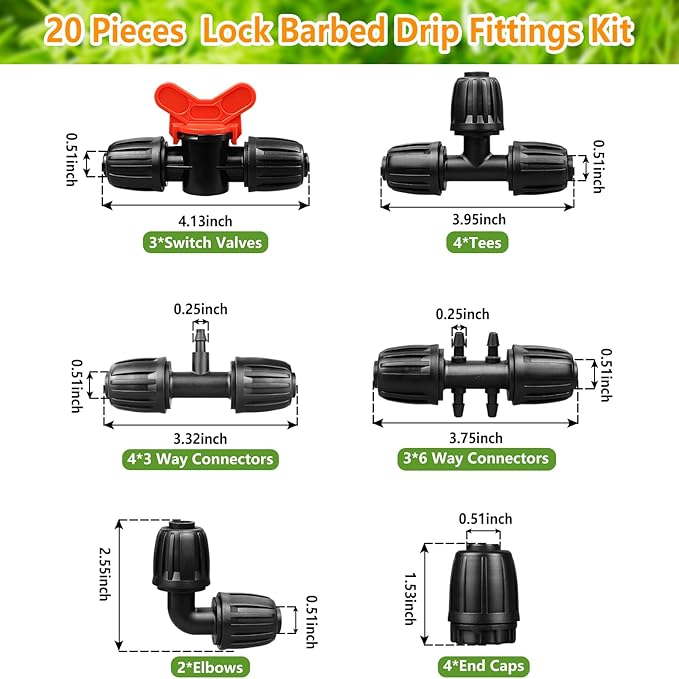 Drip Irrigation Fittings Kit for 1/2 Inch Tubing, 20 Pcs Set 1/2'' Drip Line Anti-Drop Barbed Locked Nut Connectors - 4 Tees,3 Valves,4 Reducing Tee,3 Reducing Tee 6 Way Connectors,4 End Caps,2 Elbows