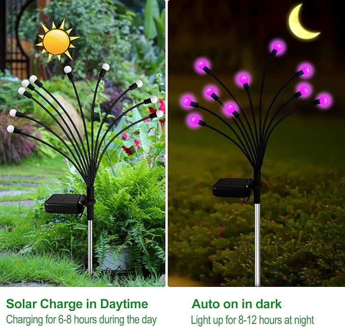 Solar Garden Lights Outdoor, 6 Pack 60 LED Solar Pink Firefly Lights Waterproof, Sway by Wind, Solar Swaying Light for Yard Patio Backyard Garden Planter Flower Bed Pathway Outdoor Decoration