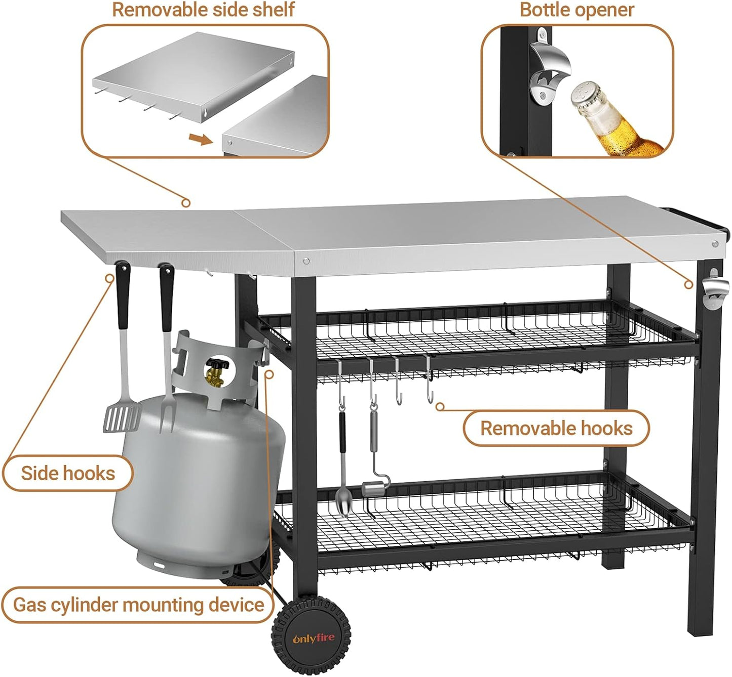 only fire Pizza Oven Table Cart for Ooni, Ninja Woodfire, Blackstone Griddle, Cuisinart Pizza Oven, Outdoor Stainless Steel Food Prep Table Movable Food Prep Cart Grill Stand with Storage Basket