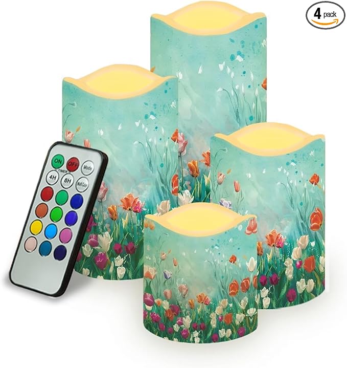 Ystardream 4PCS Flameless Candle Elegant Floral Led Flameless Candles with Remote Fake Candles That Look Real for Home Living Room Bathroom Bedroom Decor Plum Blossoms and Hummingbirds