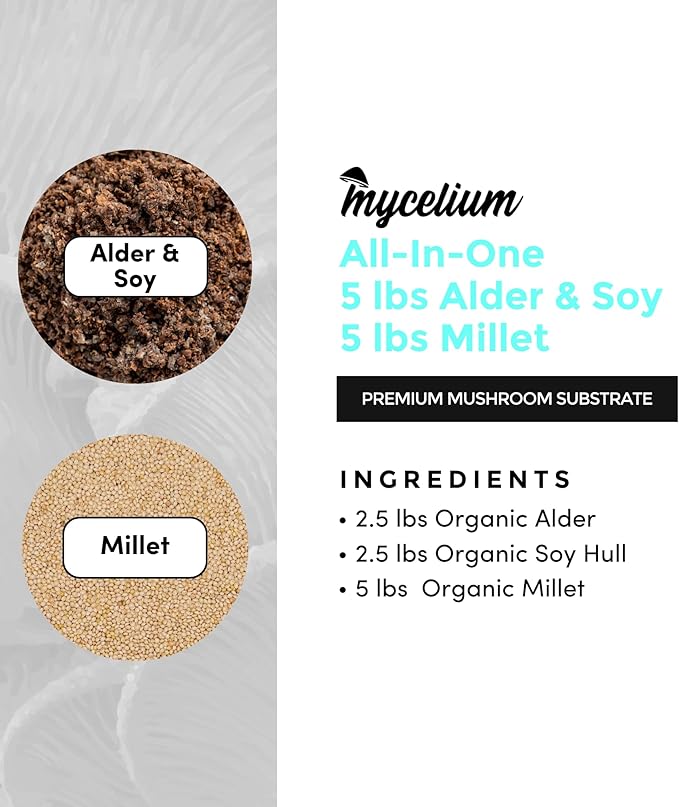 Mycelium Gourmet Mushroom All-in-One Bag - Premium Organic 10 LB Blend of Alder & Soy Hull Substrate with Sterilized Millet Grain - Perfect for Wood-Loving Mushrooms - Home Growing Made Easy