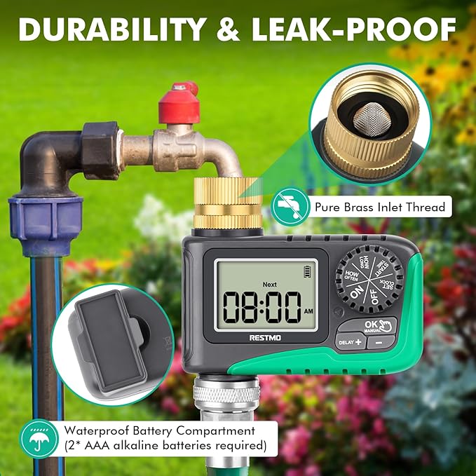 RESTMO Sprinkler Timer with Brass Inlet, Programmable Water Timer for Garden Hose, Automatic Digital Control | Manual ON/Off | Rain Delay, for Outdoor Faucet, Drip Irrigation and Lawn Watering System
