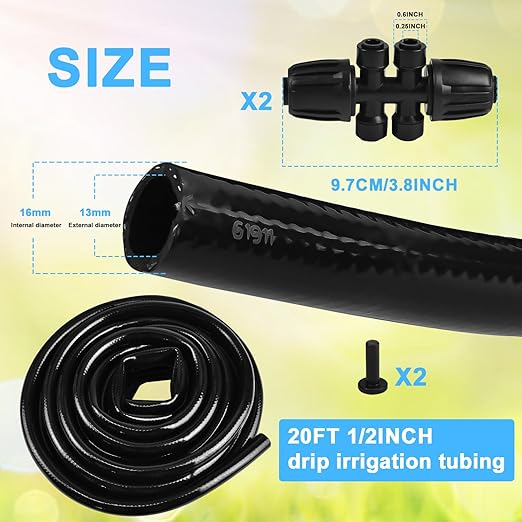 1/2 Inch Drip Irrigation Tubing, 20FT Drip Irrigation Tubing Kit, Garden Watering Tube Line with 2PCS 6-Way Quick Connector and 2 Plugs for Garden Irrigation System