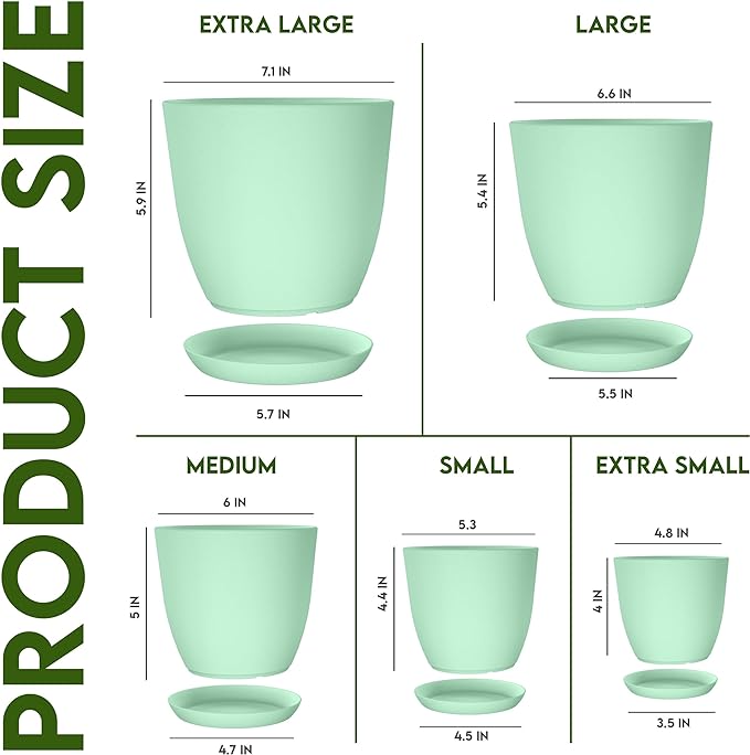 Utopia Home - Plant Pots Indoor with Drainage - 7/6.6/6/5.3/4.8 Inches Home Decor Flower Pots for Indoor Planter - Plastic Planters for Indoor Plants, Cactus, Succulents Pot (Mint, Pack of 10)