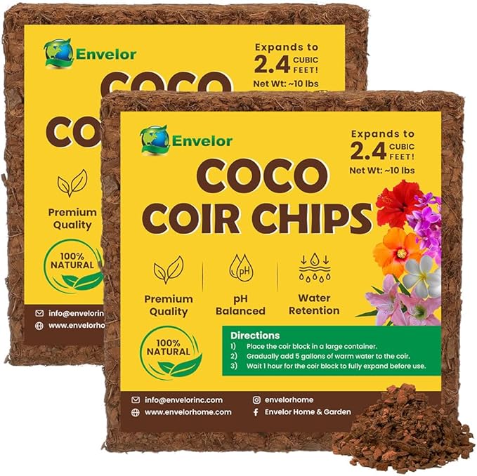Coco Coir Chips 2-Pack Envelor 2.4 Cu. Ft. Compressed Coconut Coir Bricks 10 lb. Natural Substrate for Indoor Outdoor Coco Chips for Plants Orchid Bark Coco Coir Brick Plant Soil Indoor Potting Mix