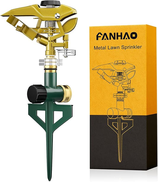 FANHAO Heavy Duty Pulsating Lawn Sprinkler on Spike Base, 100% Metal Impact Sprinkler with Adjustable Spray Pattern for Yard Lawn Irrigation, 360 Degree Large Area Coverage, Covers Up to 8500 sq. ft