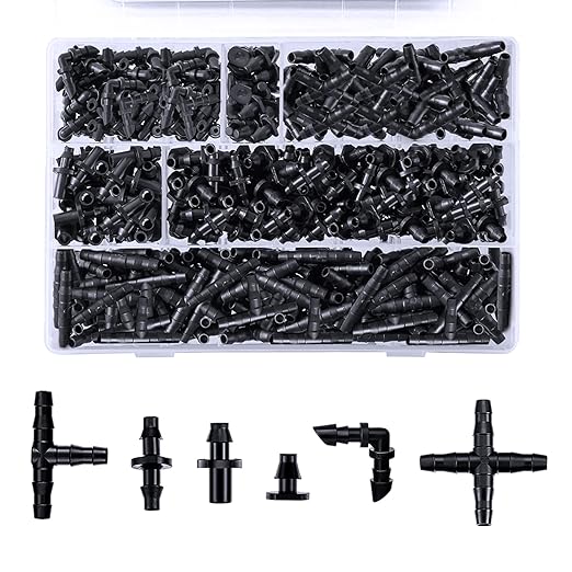 Dianrui 220 PCS Drip Irrigation Kit, Drip Irrigation Parts 1/4'' Tubing Fittings Kit for Garden Lawn Flower Sprinkler Systems-End Plug/ 4-Way Connector/Single barbs/Straight Barbs/Oblique Barbed Tees