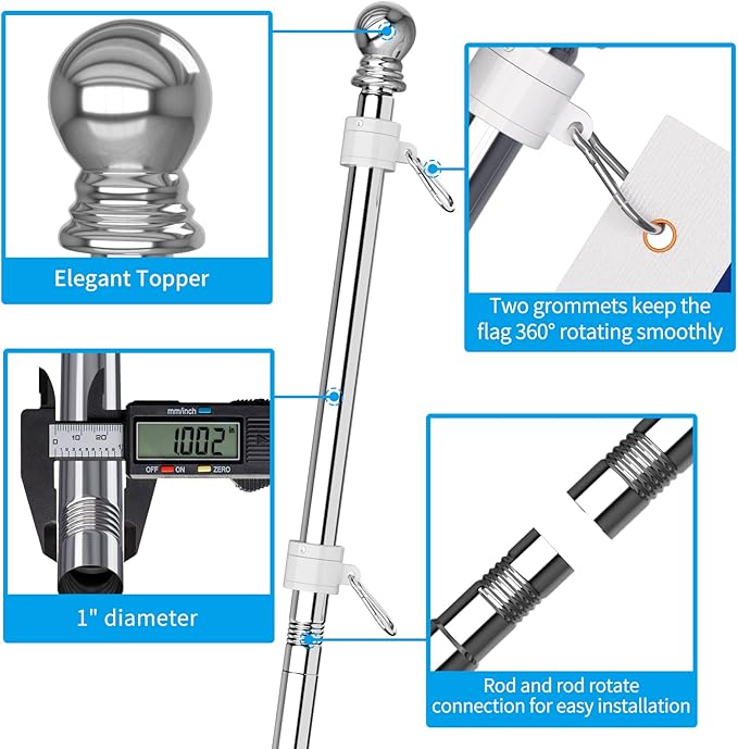 ZMTECH Flag Pole with Solar Light - Adjustable Bracket, 6 FT Stainless Steel Flag Poles for Outside House, Garden or Yard, Tangle Free Flagpole Kit for American Flag (Without Flag, Silver)