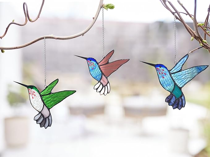 Lolitarcrafts Stained Glass Hummingbird Window Hangings with Flowers, Bird Stained Glass Suncatcher for Window Decor Hummingbird Gifts for Mom,Bird Lovers (Blue B)
