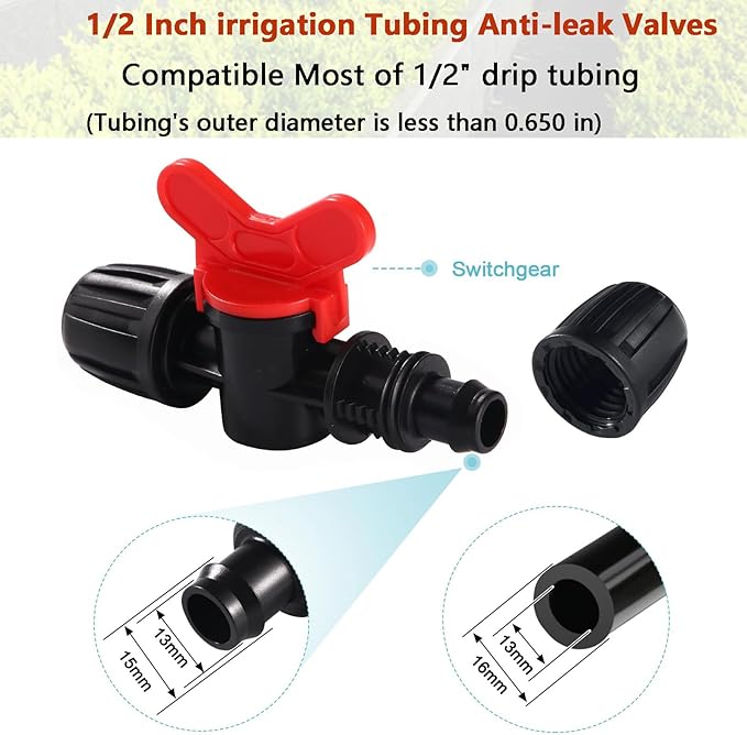 13 Pack Drip Irrigation Valve for 1/2 in Irrigation Tubing (1/2" Idx0.6-0.65" Od) Locked Barbed Ball Valve Drip Line Shut Off Valve Parts in Drip Irrigation Parts for Garden,16mm Drip Irrigation Parts
