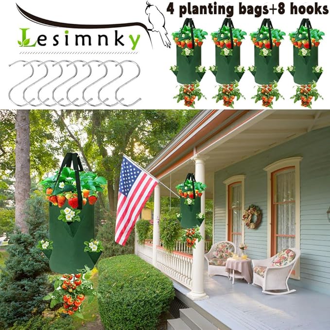 4Pack Upside Down Strawberry Planter, 3 Gallon Hanging Grow Bags for Tomato Vegetables 6 Planting Holes with 6Hooks,Upside Down Strawberry Plant Hanger Vegetable Planting Bags for House (Dark Green)