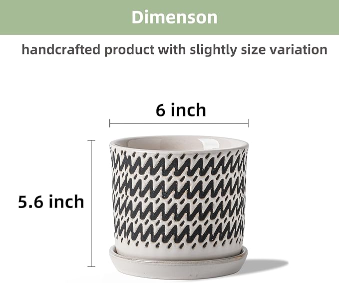 6 Inch Plant Pots: Ceramic Planter Pot with Drainage Hole & Saucer - Planters for Indoor/Outdoor Plants - Flower Pot with Bonded Tray for Home/Office - Wave Stripe Debossed