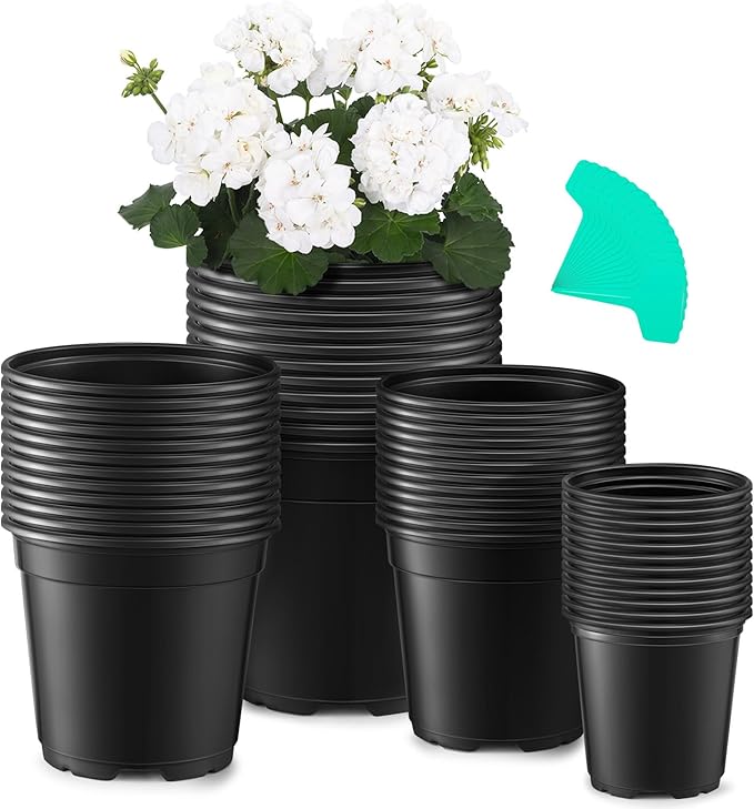 GROWNEER Nursery Pots with Drainage Holes Pack of 48 Pcs 3.5/4.5/5.5/6.5 Inch and Plant Label Flexible Seedling Pots Seed Starting Planter for Indoor Outdoor Flowers, Succulents, Cactus