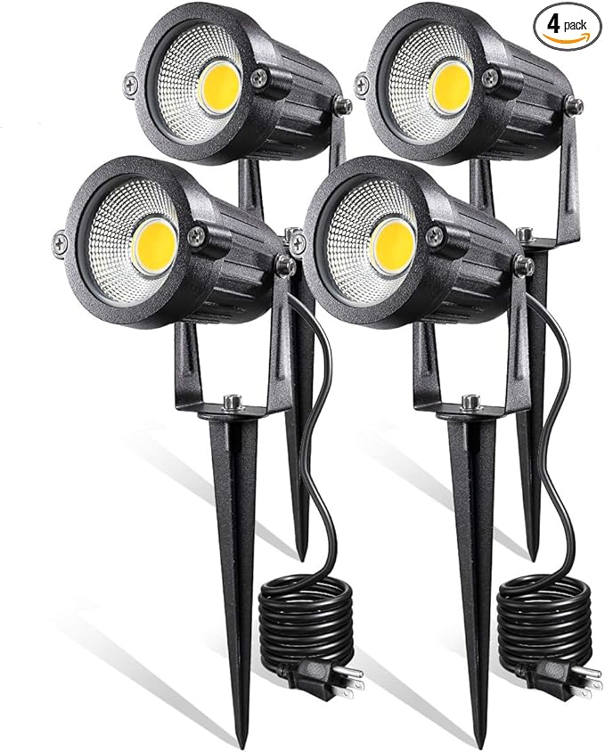 LED Landscape Lights,5W 120V AC Outdoor Pathway Garden Yard Spotlight,IP65 Waterproof Garden Flood Light,Outdoor Spotlight with Stake,UL Cord 5-ft with Plug (Pack of 4, Warm White)