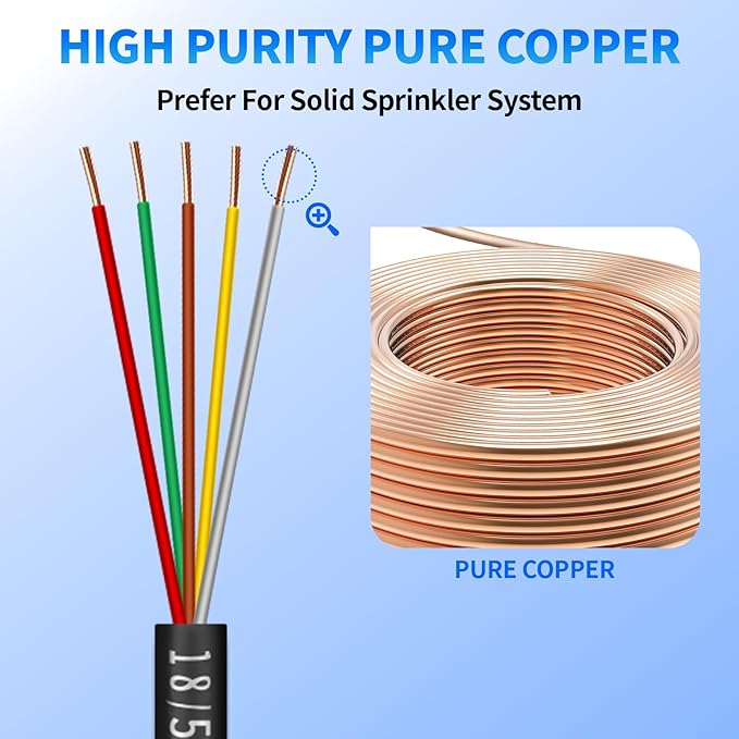 18/5 Solid Sprinkler System Wire 150ft, 18 Gauge Irrigation Wires PVC Jacket Sprinkler Cable for Underground Irrigation Valves Field Central Control System