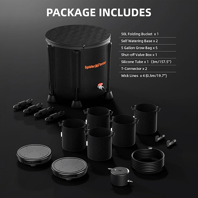 Spider Farmer 2025 Newest Self-Watering System, 2-Pack Auto Watering System with 13 Gallon Reservoir, 2Pcs Water Delivery Fabric Pot Base for Indoor Plants, Grow Tents, Gravity-Fed, No Power Needed