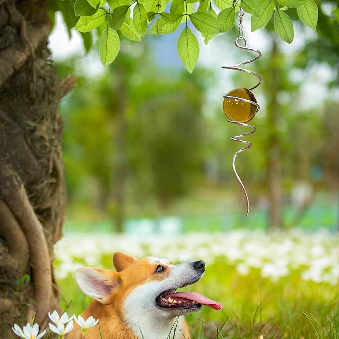 Gazing Ball Spiral Decorative Wind Spinner Tail Wind Spinner Sun Catcher 11inch Tail and 2 inch Glass Orb. Wind Spinner Stabilizer Indoor Outdoor Garden Decoration -13 inch Height(Gold)