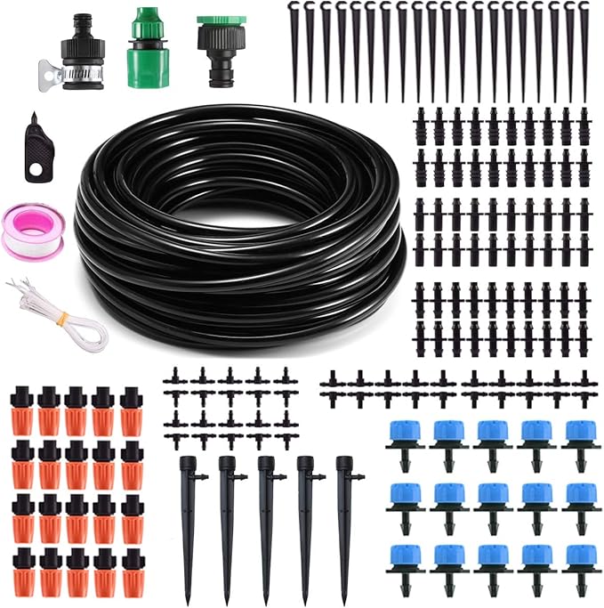 MSDADA 50Ft Drip Irrigation Kit, Automatic Garden Irrigation System 1/4" Blank Distribution Drip Hose, Atomizing Nozzle Mister Dripper for Greenhouse, Garden, Flower Bed, Patio, Lawn（Blue）