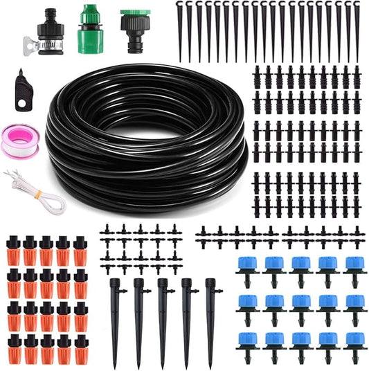 MSDADA 50Ft Drip Irrigation Kit, Automatic Garden Irrigation System 1/4" Blank Distribution Drip Hose, Atomizing Nozzle Mister Dripper for Greenhouse, Garden, Flower Bed, Patio, Lawn（Blue）