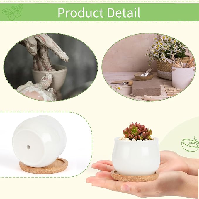 Succulent Pots, White Mini 2.5 inch Ceramic Flower Planter Pot with Bamboo Tray, Pack of 12 - Plants Not Included