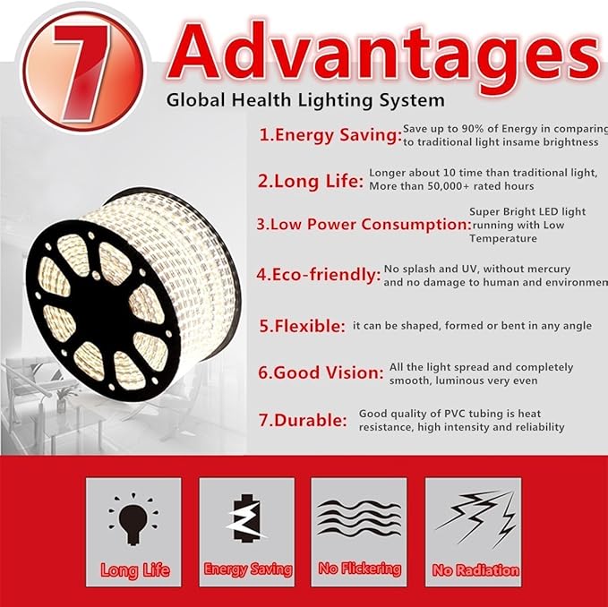 5050-60 Type AC 110-120V LED Strip Lights, Flexible/Waterproof/Dimmable/Multi-Modes LED Rope Light + 23 Keys Remote for Home/Garden/Building Decoration (32.8ft/10m, Warm White 3500K)