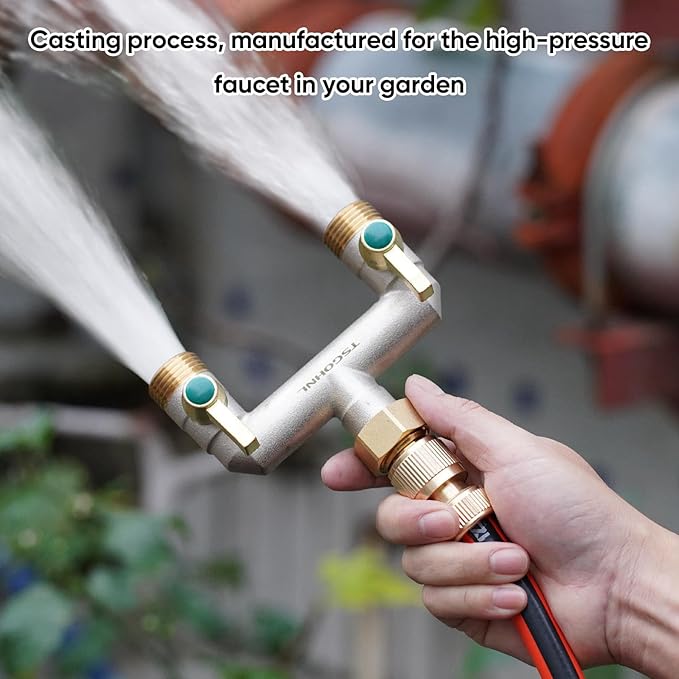 Heavy Duty Brass Garden Hose Splitter, 2-Way Faucet Splitter with 2 Extended Metal Handles, Outdoor Hose Splitter, GHT 3/4-Inch Heavy Duty Hex Female Inlet and 3/4-Inch Male Outlet, Nickel Plated