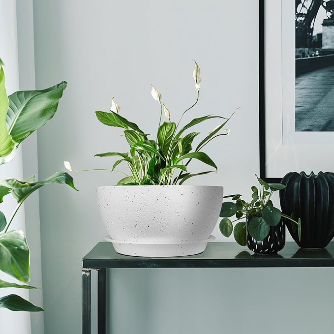 8 inch Plant Pots Pack of 2, Plastic Planter with Drainage Holes and Saucers, Plant pots for Indoor Outdoor Use, Flower Pots for All House Plants (Speckled White)