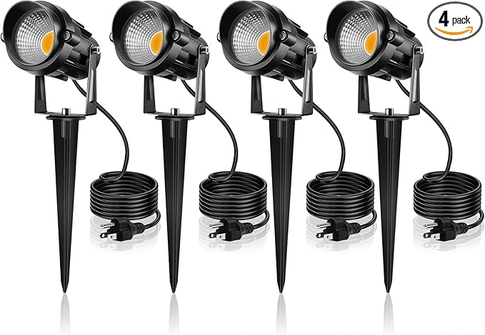 LemonBest 12W Landscape Lighting LED Outdoor Spotlight 120V AC Waterproof Landscape Lights Warm White Spot Lights for Yard Garden Decorative Lawn Lamp Flag Light with Spiked Stake, 4 Packs