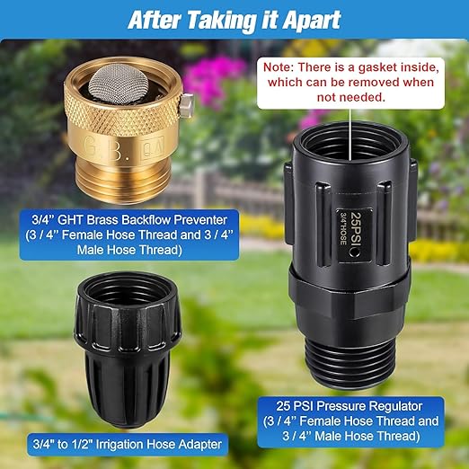Feekoon 3 Set Drip Irrigation Faucet Adapter Kit 1/2'' Irrigation Tubing to 3/4'' Faucet Water Pressure Regulator Backflow Preventer with Filter, Drip Irrigation System Parts, No Assembly Required