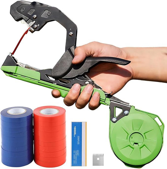 PATILWON Plant Tying Machine with Green Tape - Lightweight Plant Tie Tool for Vine Plants, Includes Staples, Blades, and 20 Rolls of Elastic Tape for Gardening
