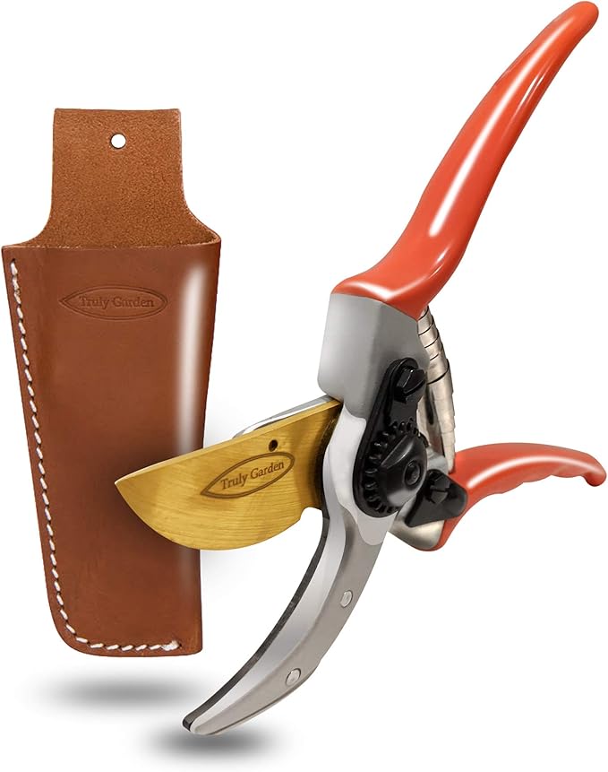 Hand Pruners with Leather Sheath. These 8.5" Bypass Pruning Shears have a forged aluminum handle and hardened steel blade.
