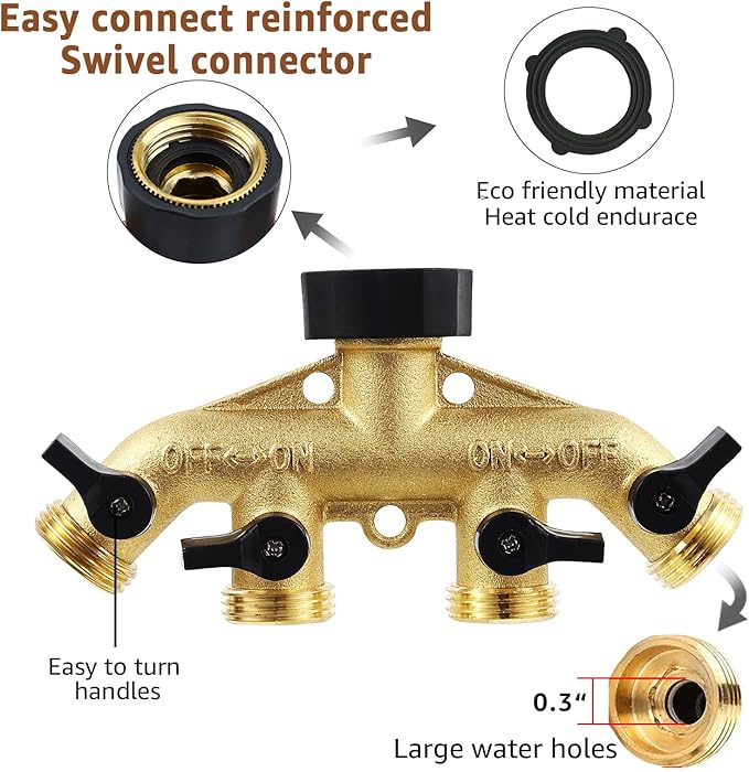 4 Way Brass Garden Hose Splitter Heavy Duty Garden Tap Hose Adapter Nozzle Switcher Connector with 4 Shut-Off Valves for Garden Irrigation Watering (American Thread 3/4)