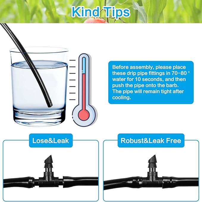 JAYEE 100Ft 1/4 Inch Drip Irrigation Tubing with 33 Pcs Drip Irrigation Parts - 10 Couplings, 10 Tees, 4 Elbows, 4 4-way Couplings, 5 End Plugs - Drip Irrigation Hose Kit for Drip or Sprinkler Systems