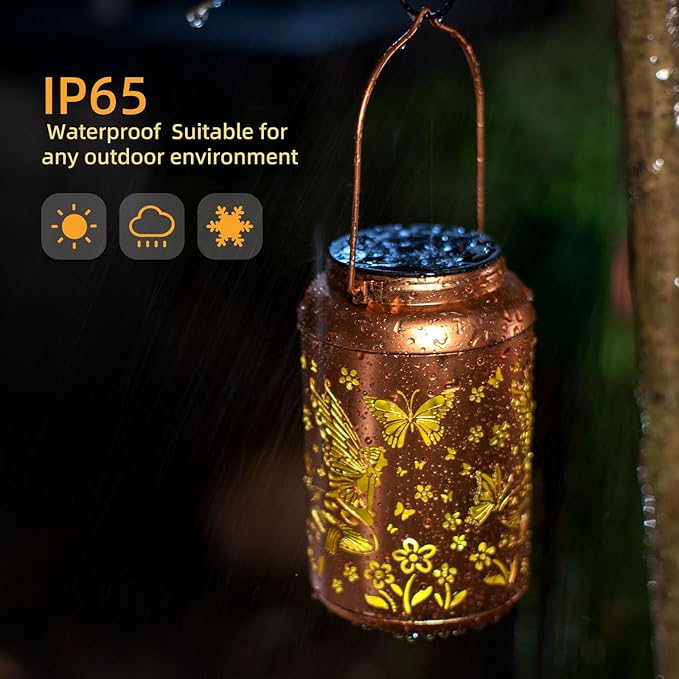 2pack Solar Lanterns Outdoor Waterproof Hanging Butterfly Lights LED Metal Fairy Lantern Decorative Garden,Patio,Landscape,Walkway,Festival Christmas Decor Gifts for Women Mom Grandma