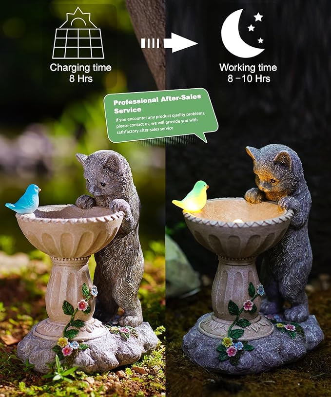 Solar Cat Statues for Bird Bath: Outdoor Sculptures for Garden Lawn Patio Yard Balcony Porch - Unique Gifts for Mother Grandma Women