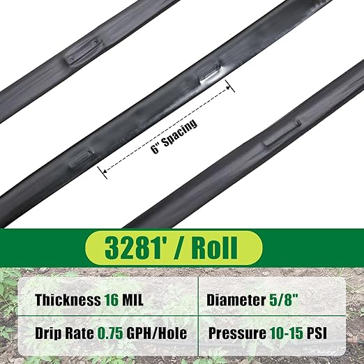 5/8" Drip Tape 3281FT, 6" Spacing Roll,16 Mil Garden Irrigation Tubing Hose, Adjustable Drip Tape Irrigation, Automatic Drip Irrigation System for Flowers, Plants, Fruits, 0.75 GPH/Hole