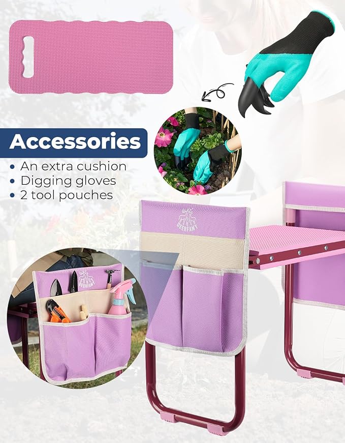 DEERFAMY Garden Stool 10.2" Width, Garden Kneeler and Seat Load Cap 350 lbs, Gardening Gift Heavy Duty with Extra Kneeling Pad, 2 Tool Pouches, Claw Gloves, Pink