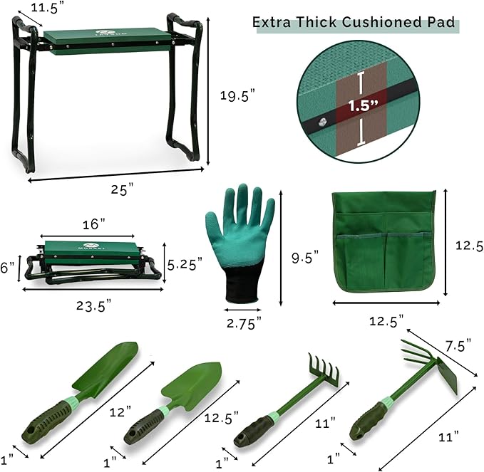 Morvat Garden Kneeler and Seat with Four Gardening Tools, Pair of Gloves + Two Side Pouches, Heavy Duty Metal & Thick Foam for Women Men Mom Seniors, Foldable Portable, Kneeling Pad with Safety Locks
