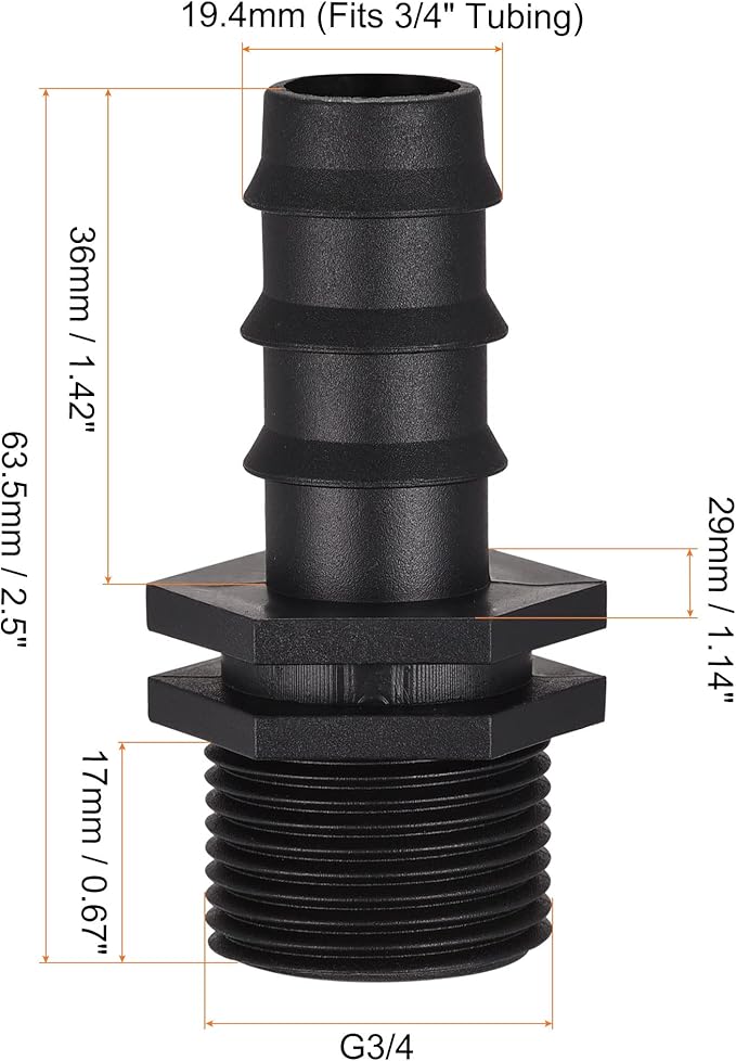MECCANIXITY Drip Irrigation Fittings 19.4mm Barbed to G3/4 Male Thread for 3/4 Inch Tubing (Black, Pack of 8)