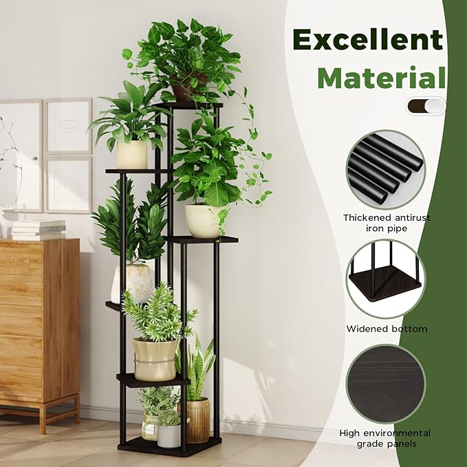 6 Tiered Plant Stand Indoor Corner Plant Shelf for Multiple Plants for Patio Garden Balcony Living Room Bedroom, Tall Metal Flower Pots Stand Relaxing for Women Gift Black Oak