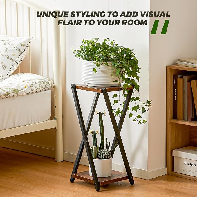 Bamworld Corner Plant Stand Indoor Small Plant Shelf 2 Tier Flower Stand Wood Plant Table Metal Plant Rack for Multiple Plant Heavy Duty Flower Pot Stand for Living Room Bedroom Balcony Garden Patio