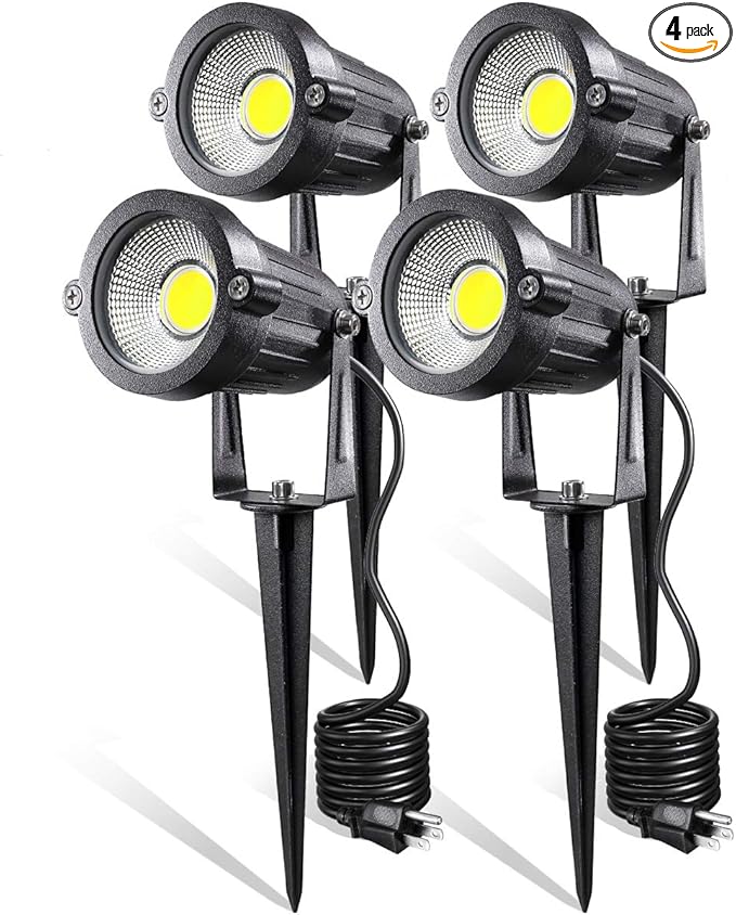 LED Landscape Lights,5W 120V AC Outdoor Pathway Garden Yard Spotlight,IP65 Waterproof Garden Flood Light,Outdoor Spotlight with Stake,UL Cord 5-ft with Plug (Pack of 4, Daylight White)