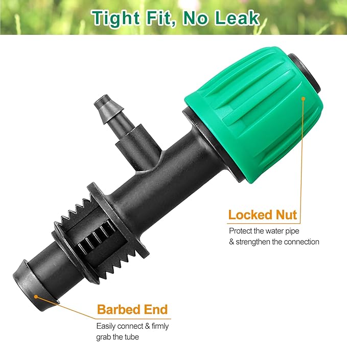 JAYEE Drip Irrigation Fittings, 15 Pcs Lock Barbed Tee for 1/2 to 1/4 Inch Vinyl Tubing, Drip Line Parts 3-Way Tees Irrigation Connectors for Drip Sprinkler Garden Lawn Systems, Green